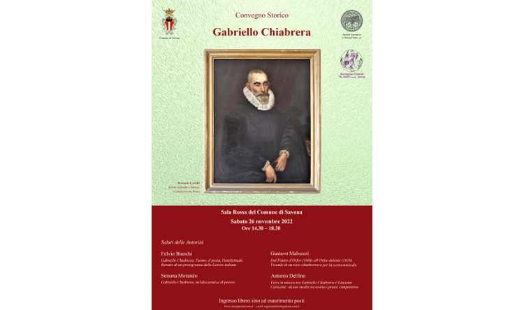 Convegno storico su Gabriello Chiabrera, sabato 26 novembre, ore 14.30, Sala Rossa del Comune di Savona.